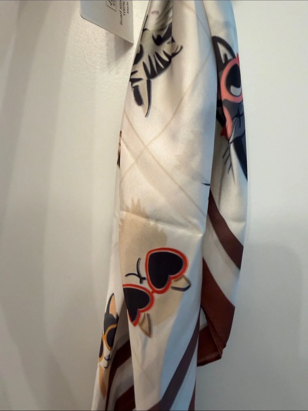 NWT- Adorable Fall Brown & White Silk-Look Cat Print Scarf